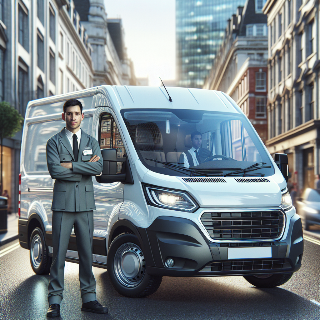 A parked van in a busy urban setting with a driver inside, reflecting a professional moving service.