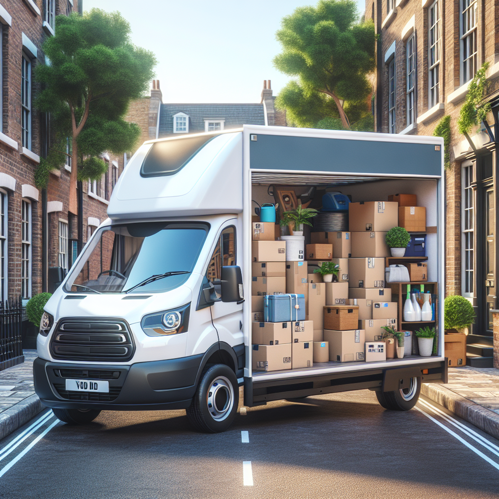 A modern moving van parked on a London street, filled with boxes and furniture.