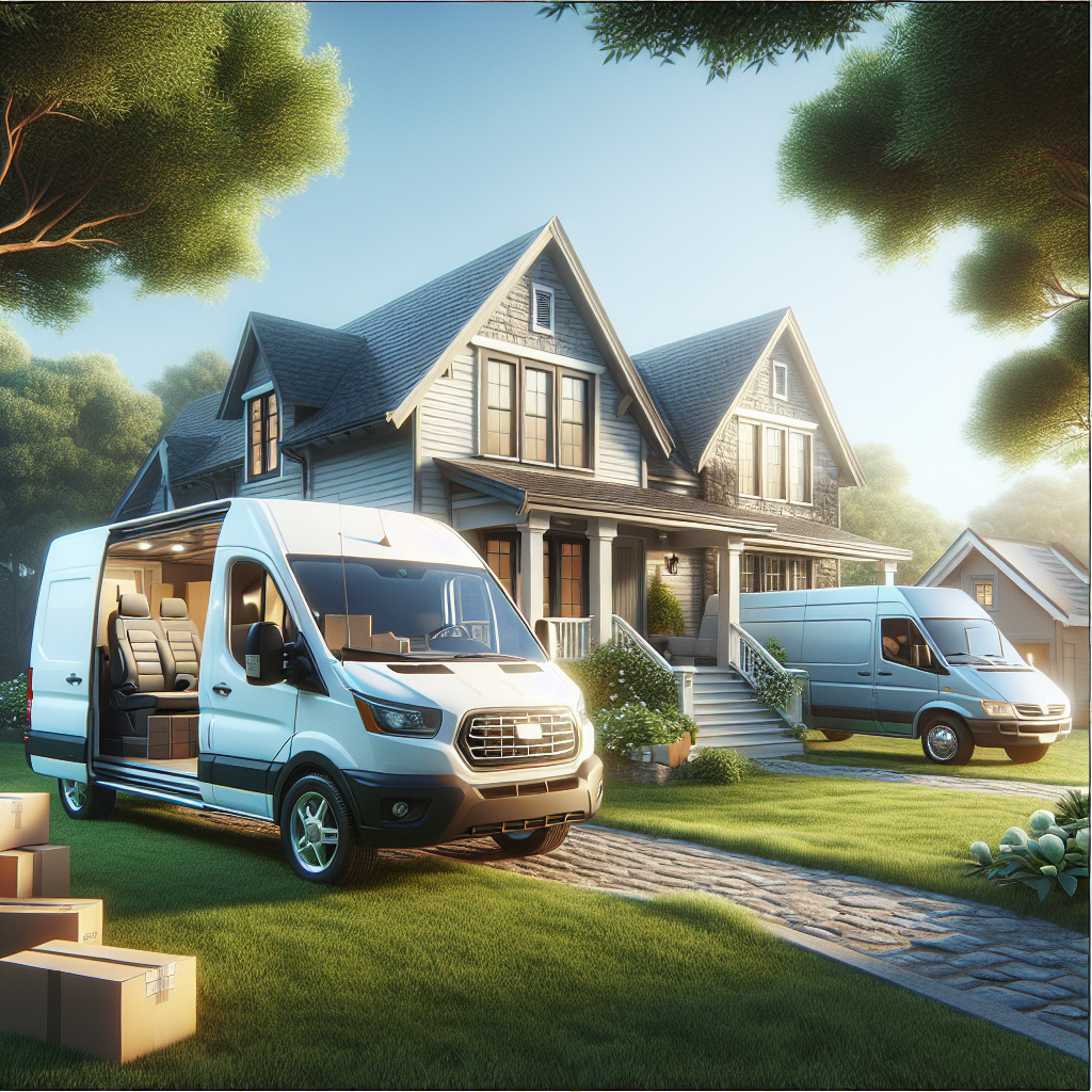 A suburban scene with affordable relocation vans parked in front of a house.