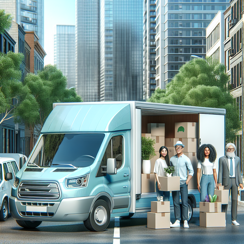 A moving van in an urban setting with a diverse group of people preparing for a move.