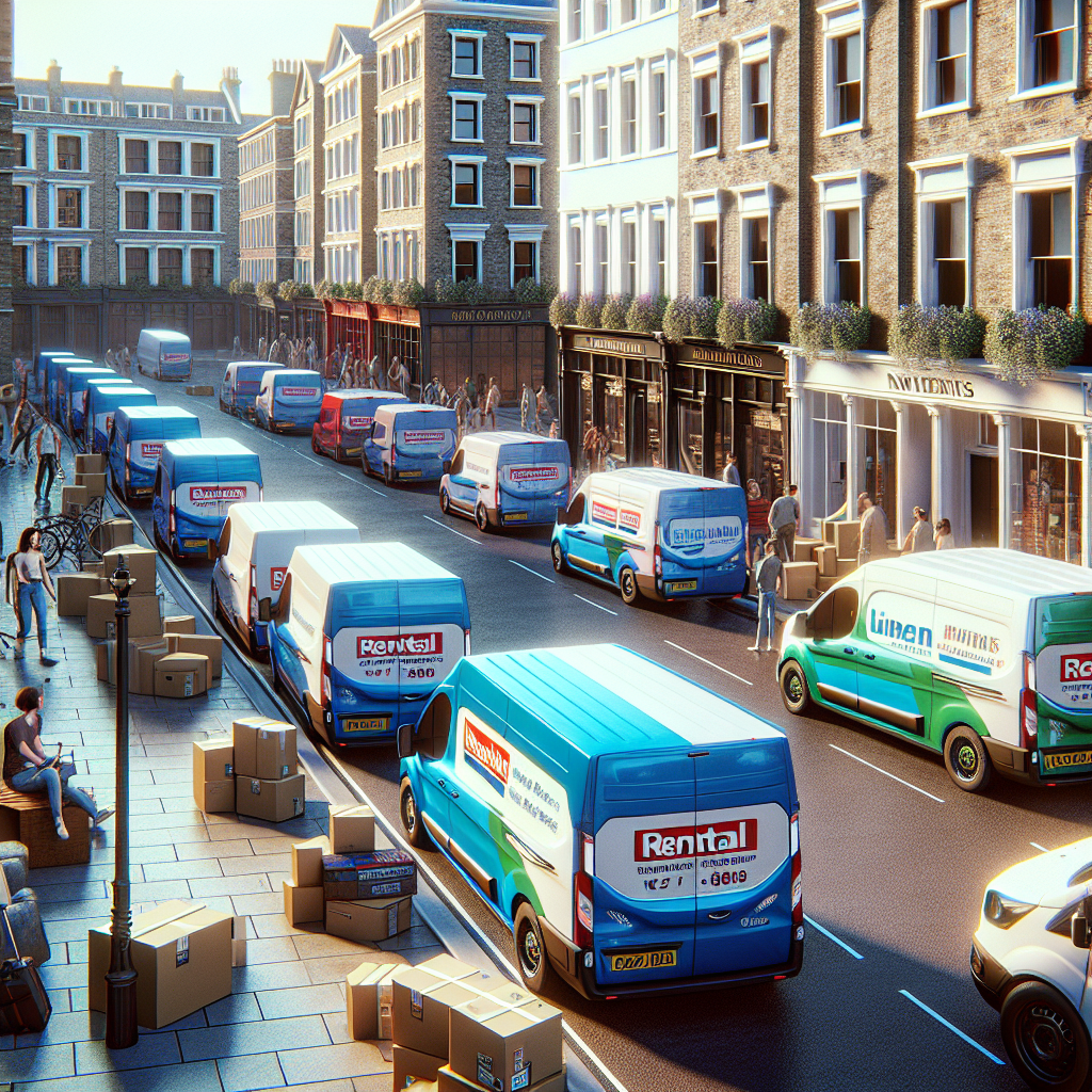 Various rental vans parked on a busy UK city street with people preparing for a move.