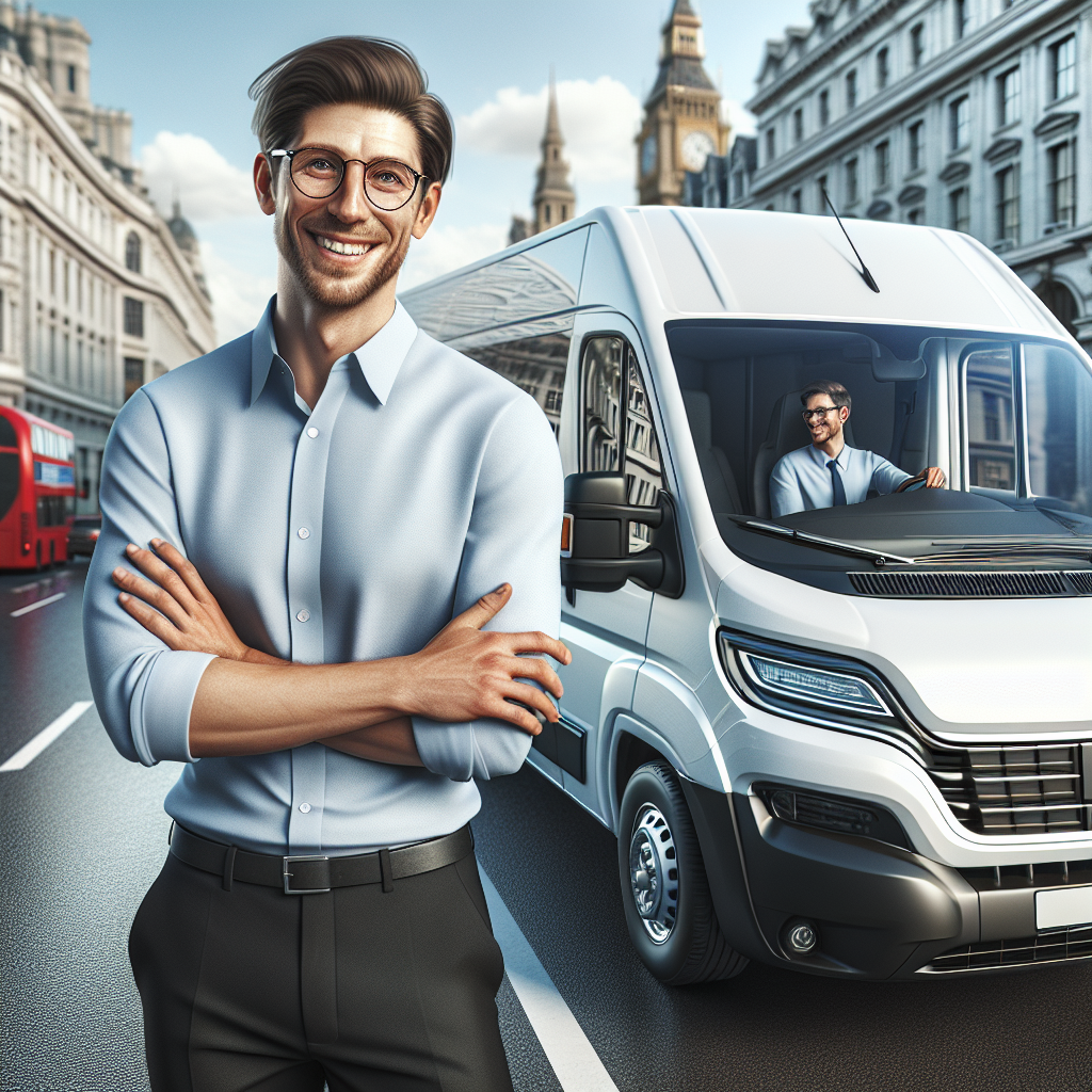 A professional driver inside a white van in a busy urban street.