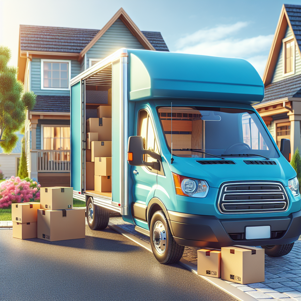 A moving van parked beside a house with boxes stacked nearby, depicting a suburban relocation scene.