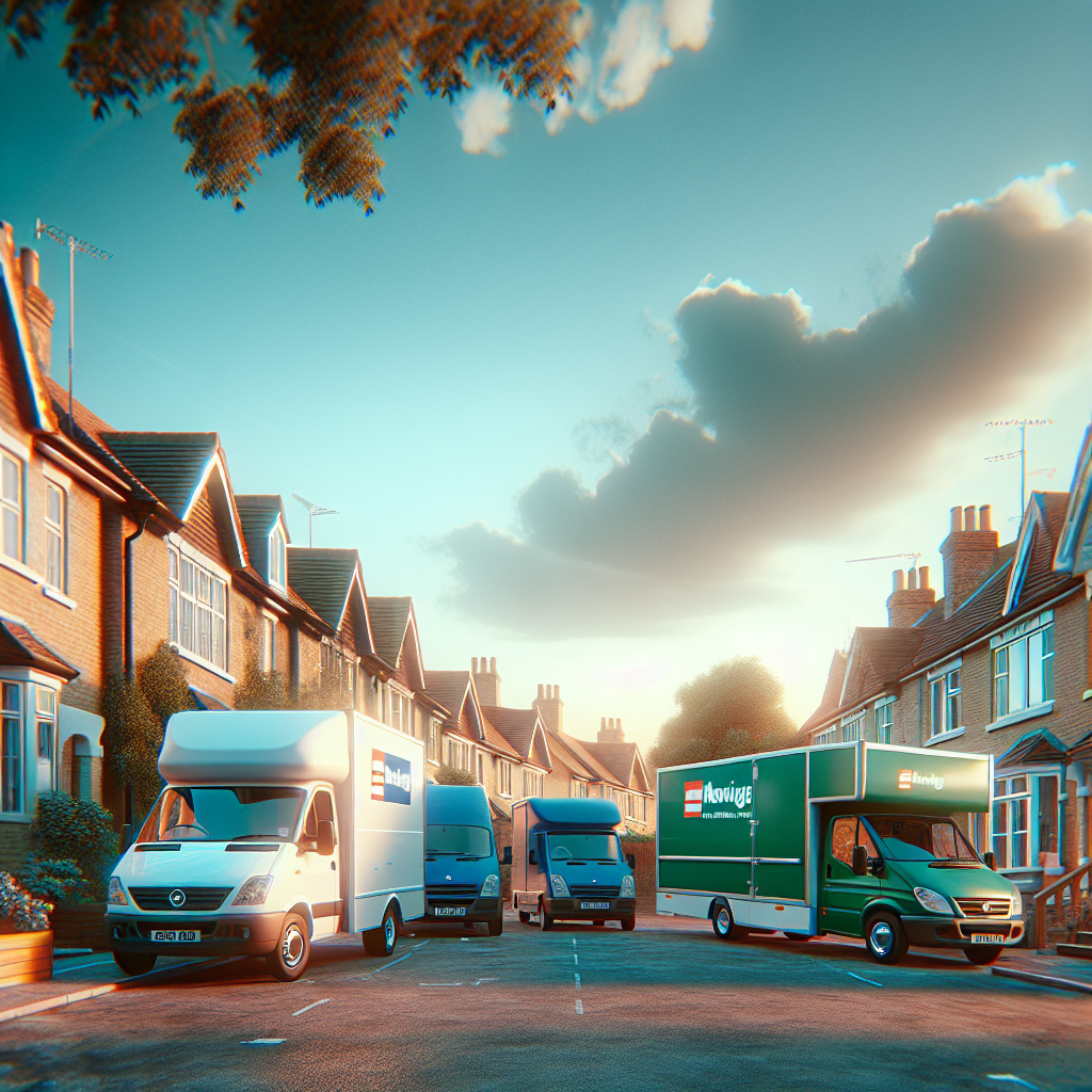 Different types of vans for removals parked on a street.