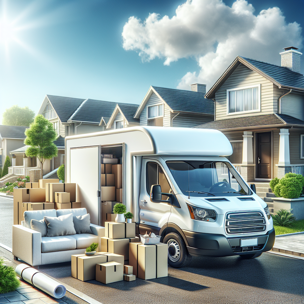 A van parked outside a house with boxes and furniture around, depicting a moving scene.