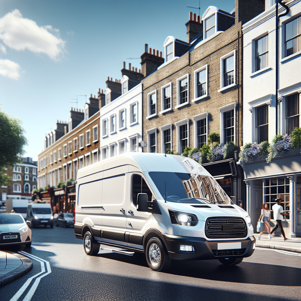 A flat move van parked on a busy London street with urban architecture in the background.