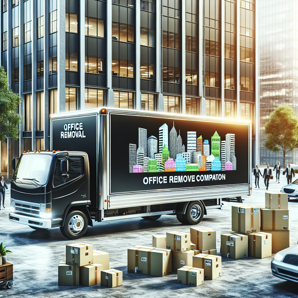 A modern office removal van parked with cardboard boxes around it in an urban setting.