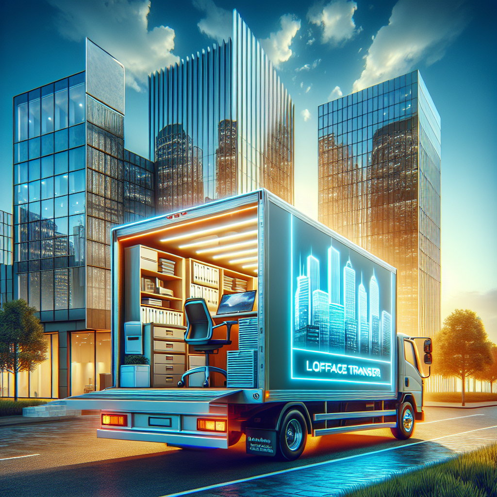 A modern office removals van parked outside an office building with packed office equipment visible inside.