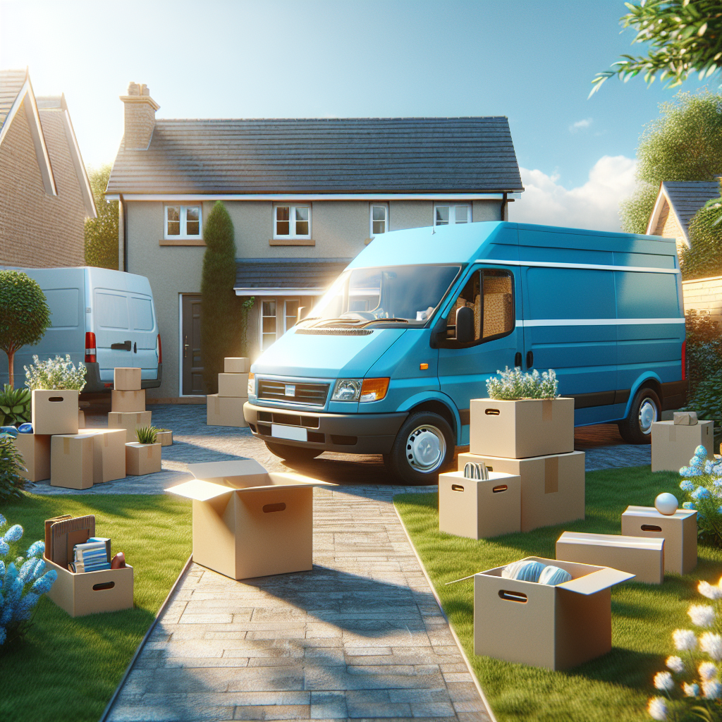 A van parked outside a house, surrounded by moving boxes and a garden.