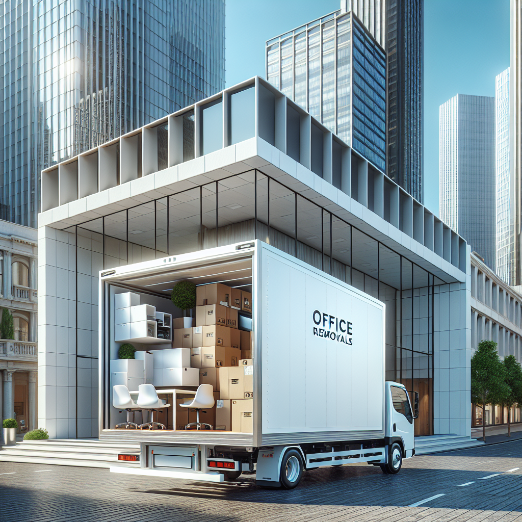 A modern office removals van parked in front of a corporate building with packed office furniture visible.