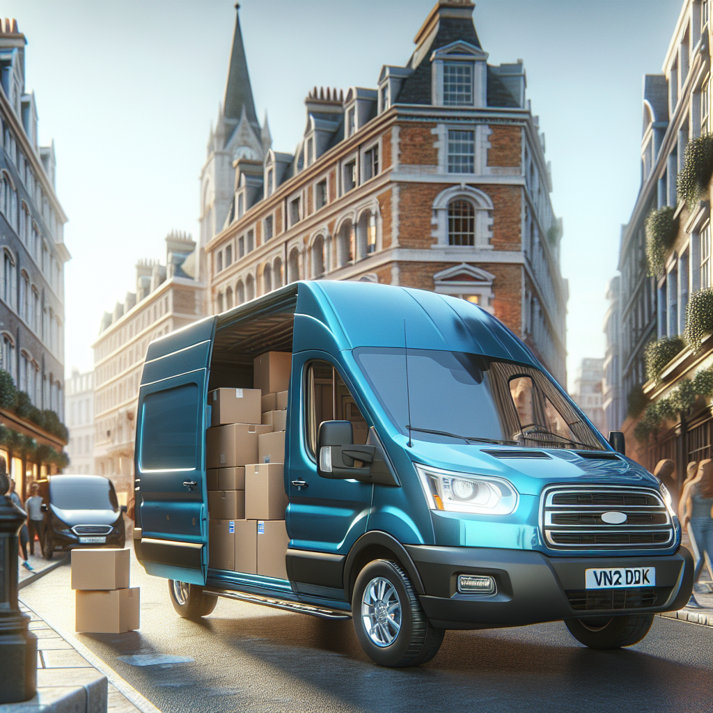 A flat move van parked on a busy London street with boxes inside.