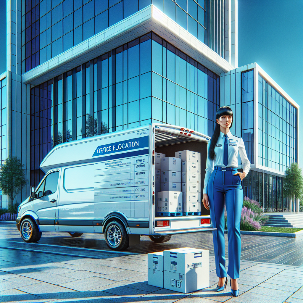 A modern office removals van parked outside an office building with a professional driver.