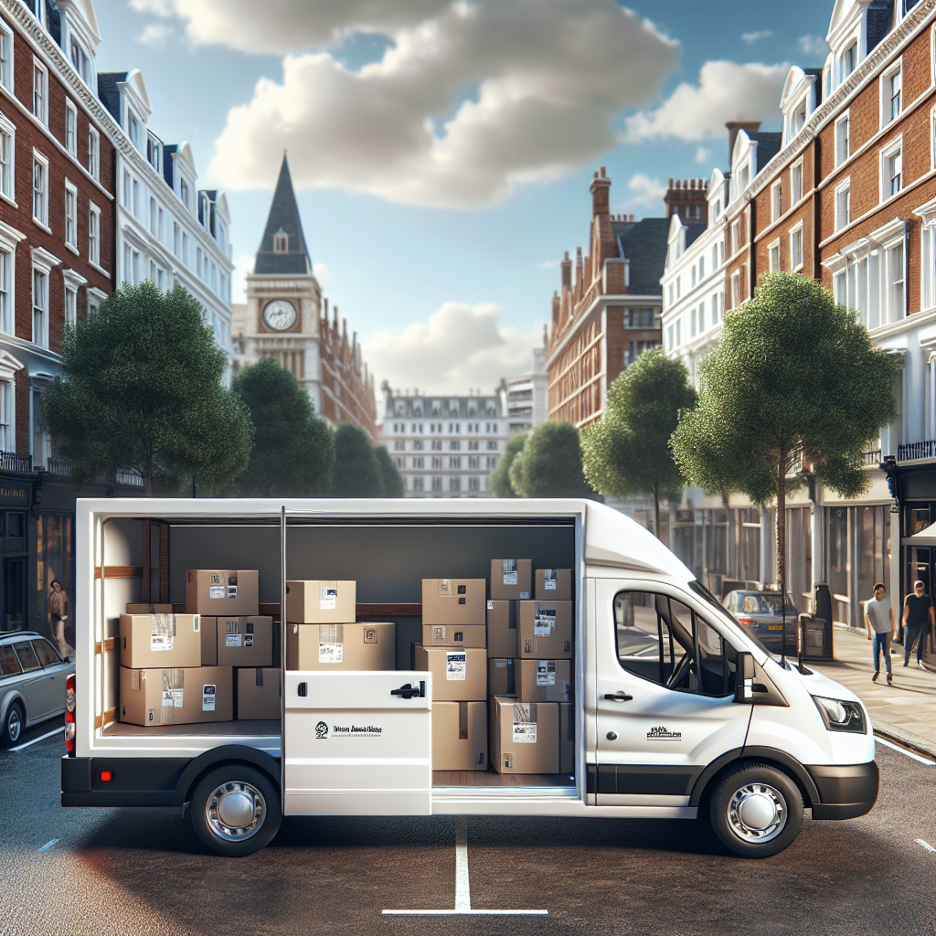 A modern moving van in a busy London street, with boxes inside and a vibrant urban background.