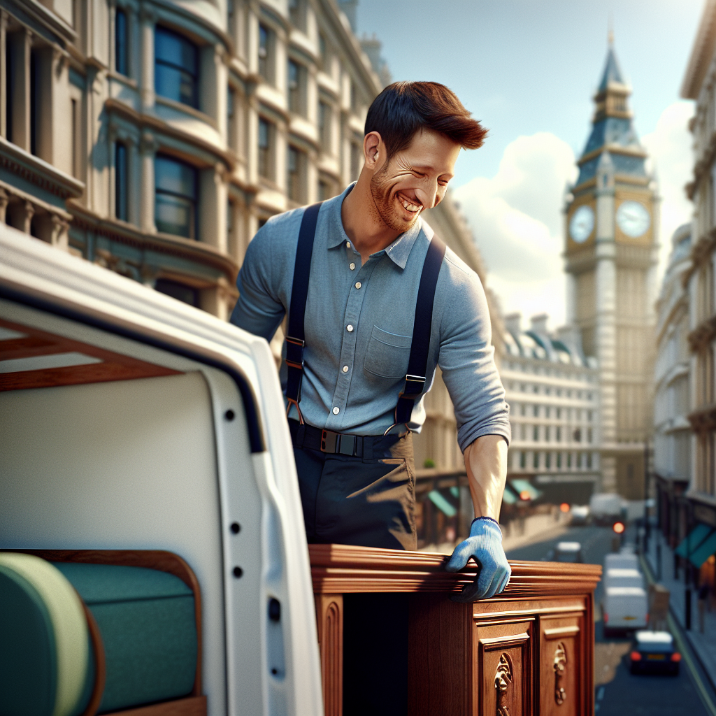 A man loading furniture into a van in an urban setting.