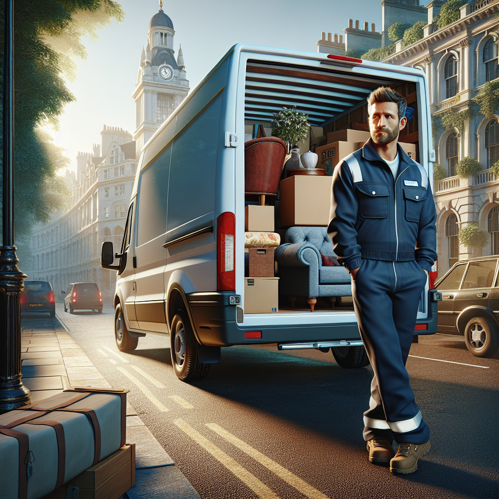 A man loading furniture into a white van on a busy London street.