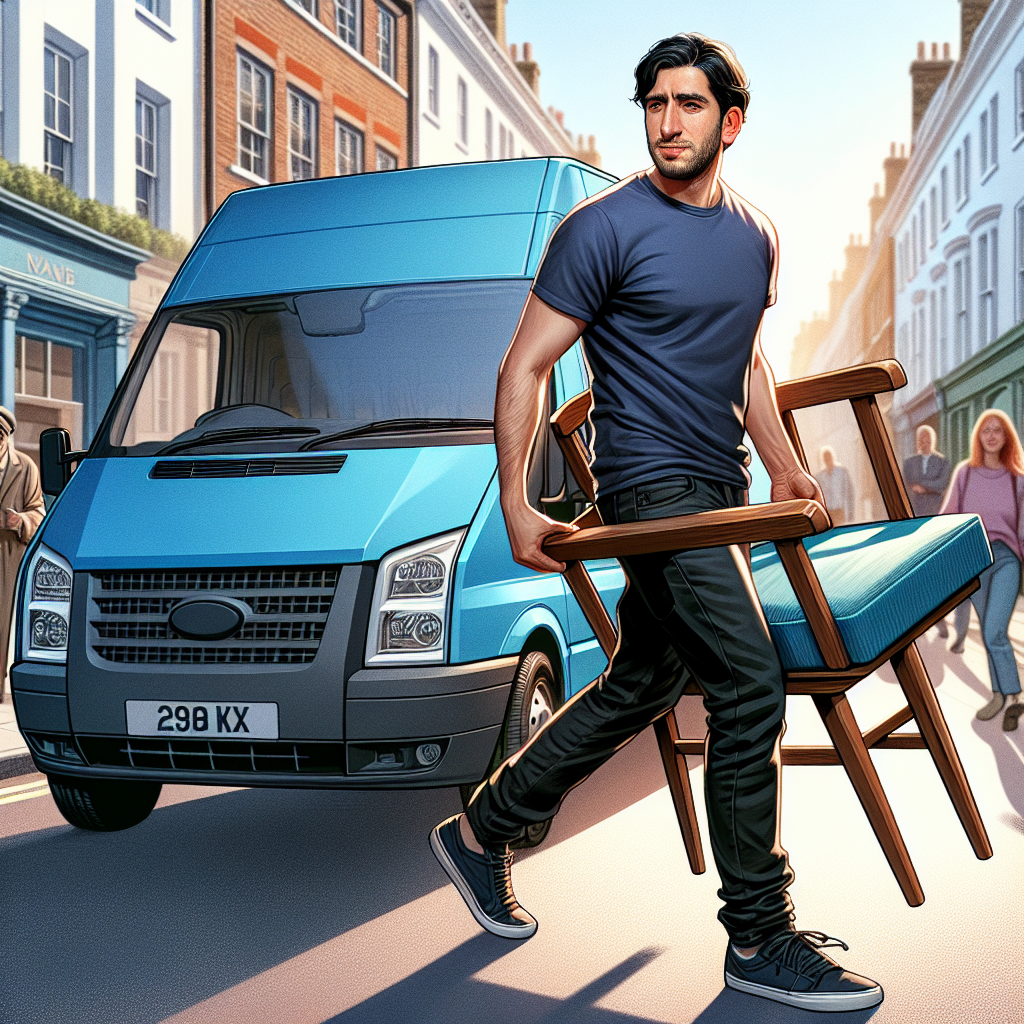 A man loading a wooden chair into a blue van on a busy city street.