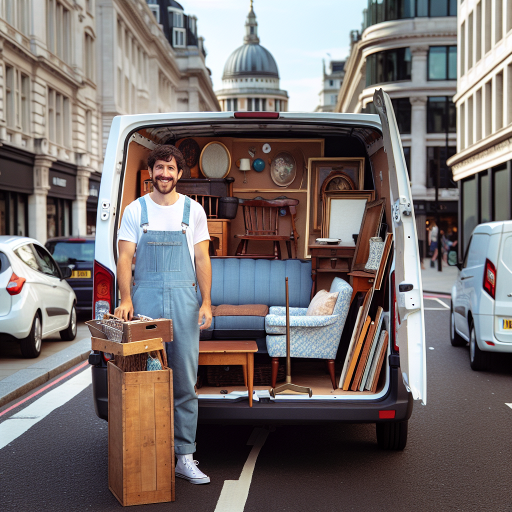 A man with a van in London, unloading furniture on a busy street.