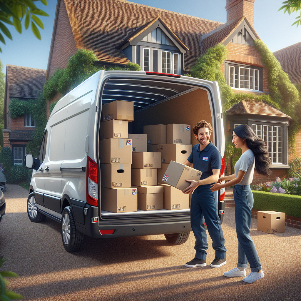A budget removal scene showing a van and people loading moving boxes outside a house.