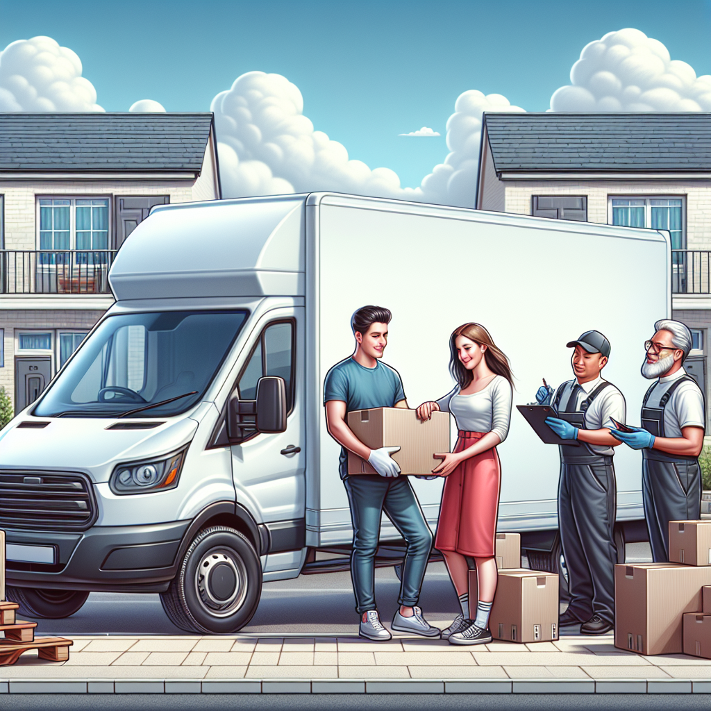 A budget removal service scene with a modern van and diverse individuals packing belongings.