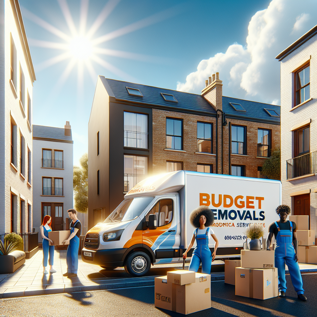 A scene of a budget removal service with professional movers working on a sunny urban street.