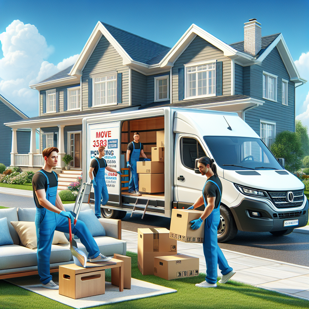 Movers loading a van with furniture outside a suburban home.