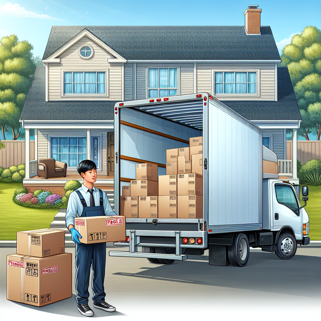 A professional mover with a moving van outside a suburban home.