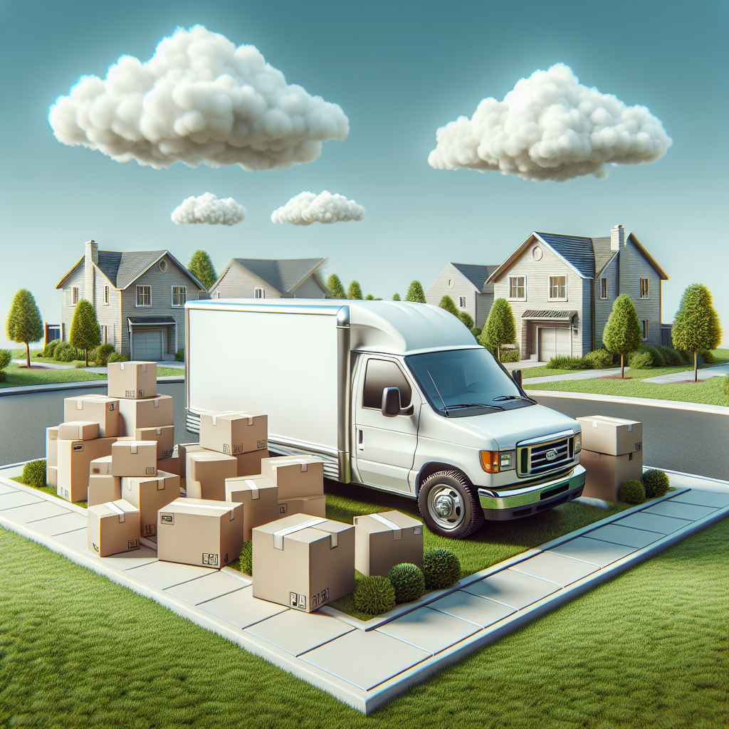 A moving van parked in a neighborhood surrounded by cardboard boxes.