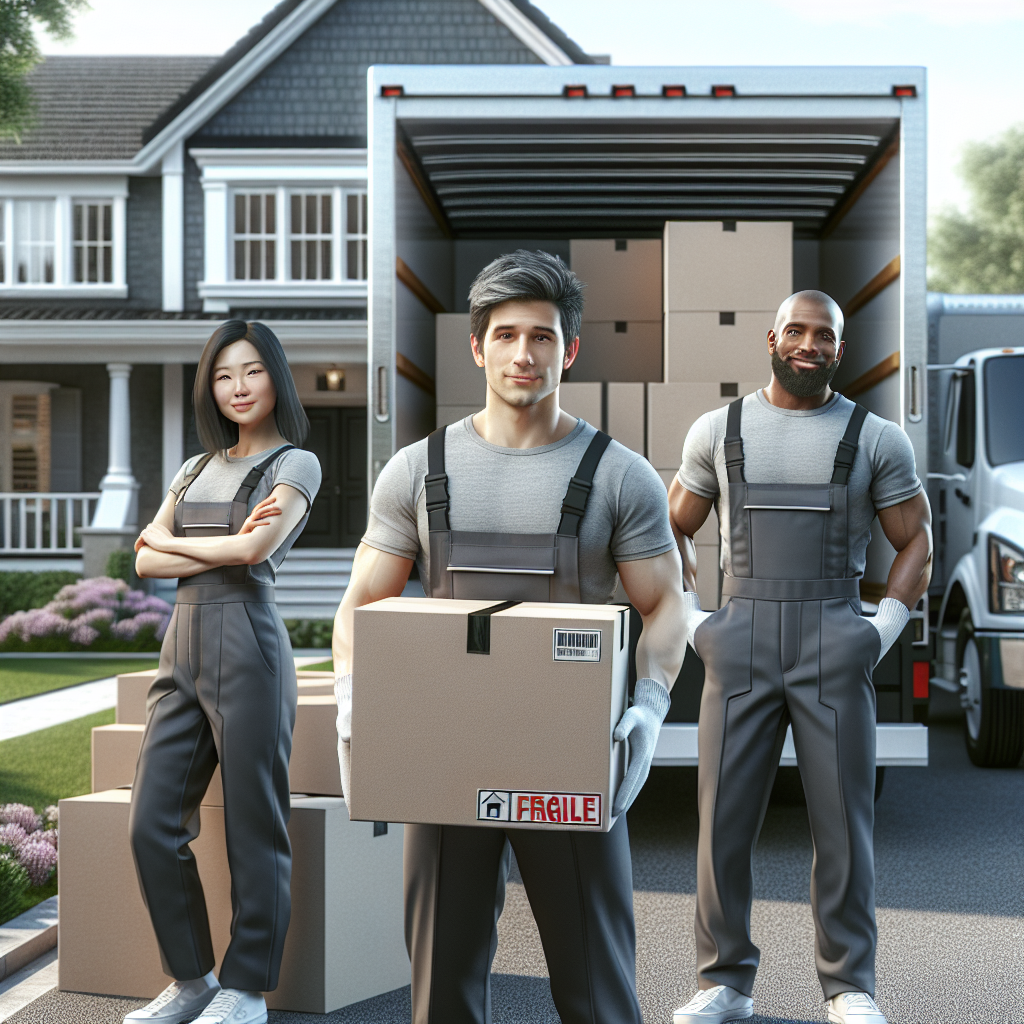 Professional movers lifting a fragile box from a moving truck outside a suburban house.