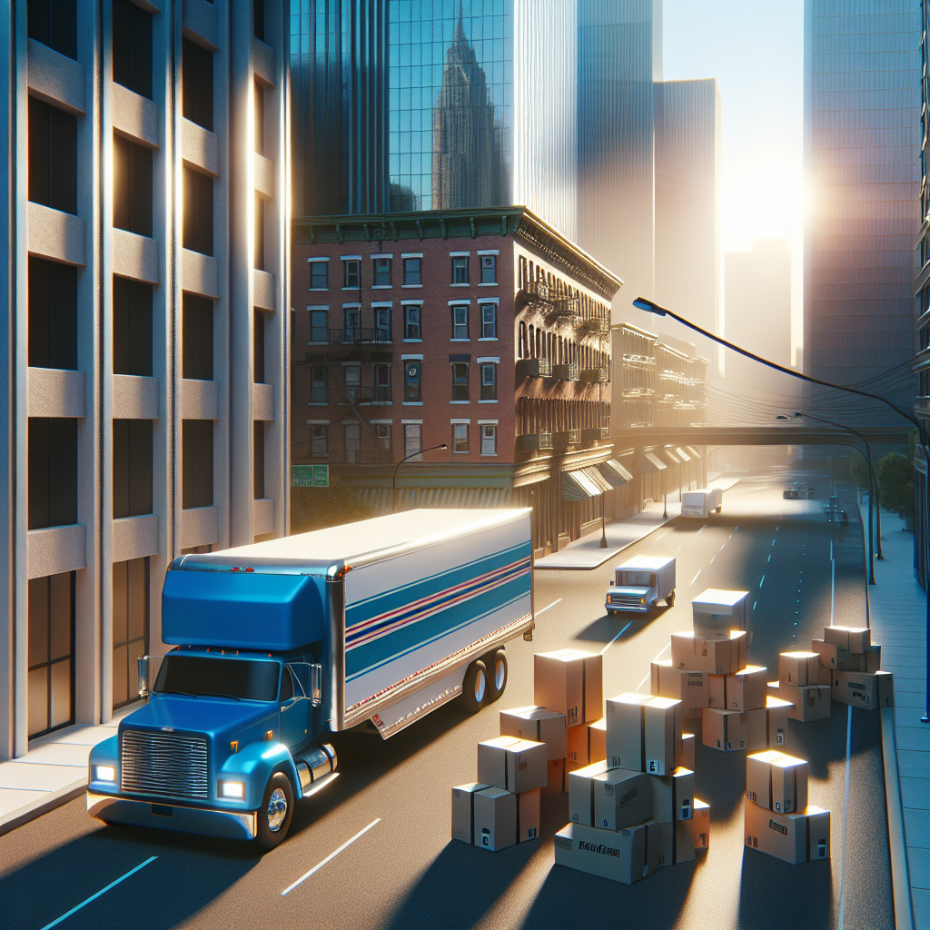 A moving truck parked on a busy city street during a transition to a suburban area, symbolizing emergency removals.
