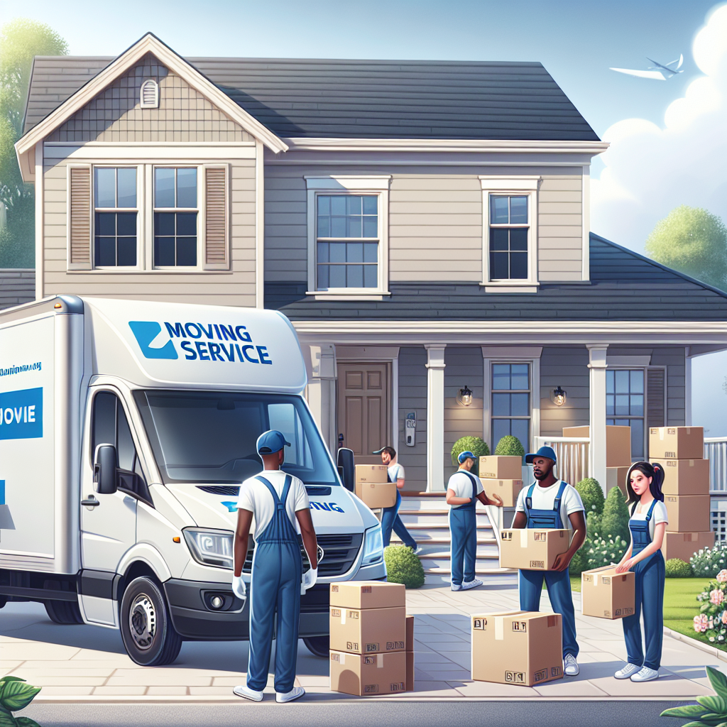 A professional moving service with diverse movers loading a van outside a suburban home.