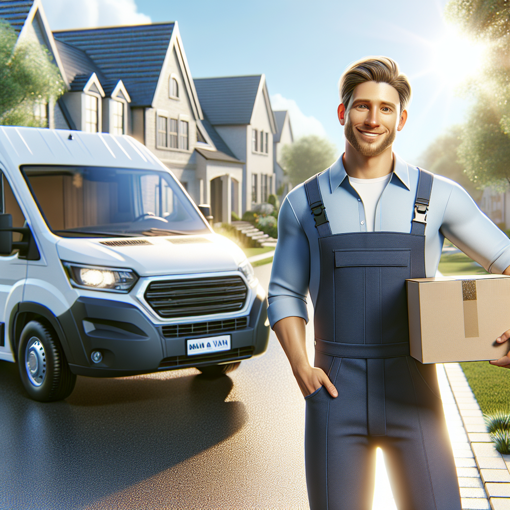 A professional man in a blue uniform next to a white van, smiling while holding a cardboard box in a suburban neighborhood.