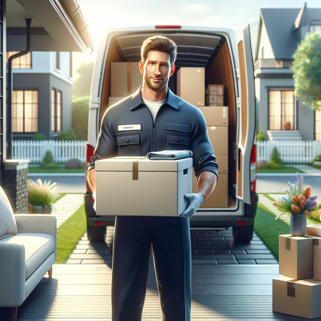 A professional man loading a van with furniture and boxes in front of a house.