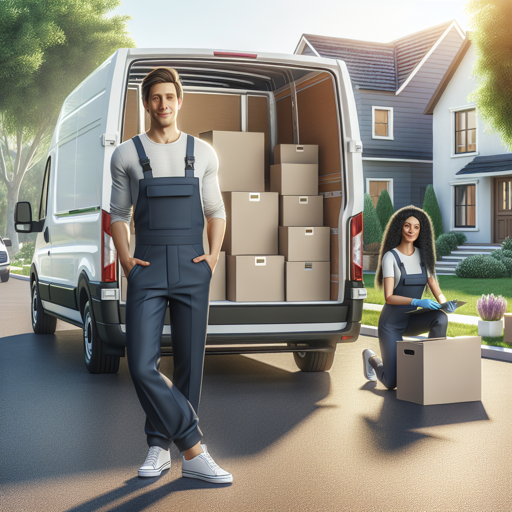 A professional moving team with a man and a woman beside a van in a residential area.