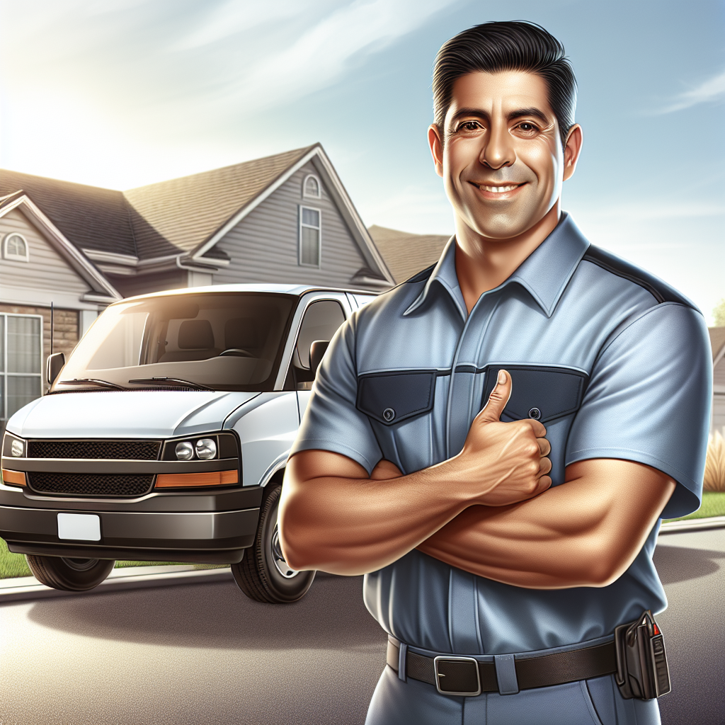 A professional man with a van service represented by a friendly driver beside a modern white van in a suburban setting.