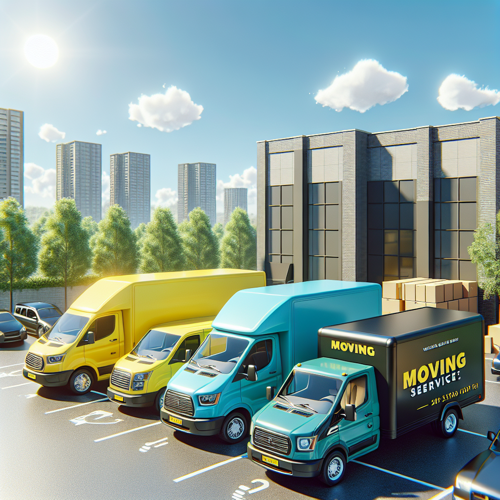 A variety of vans parked outside a moving service office.