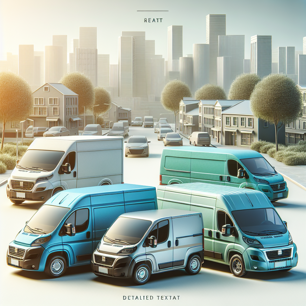 Three types of vans for local hire: a small blue van, a medium white van, and a large green van in an urban setting.