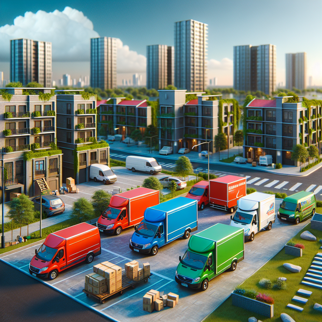 A group of differently sized vans in an urban environment, ready for moving services.