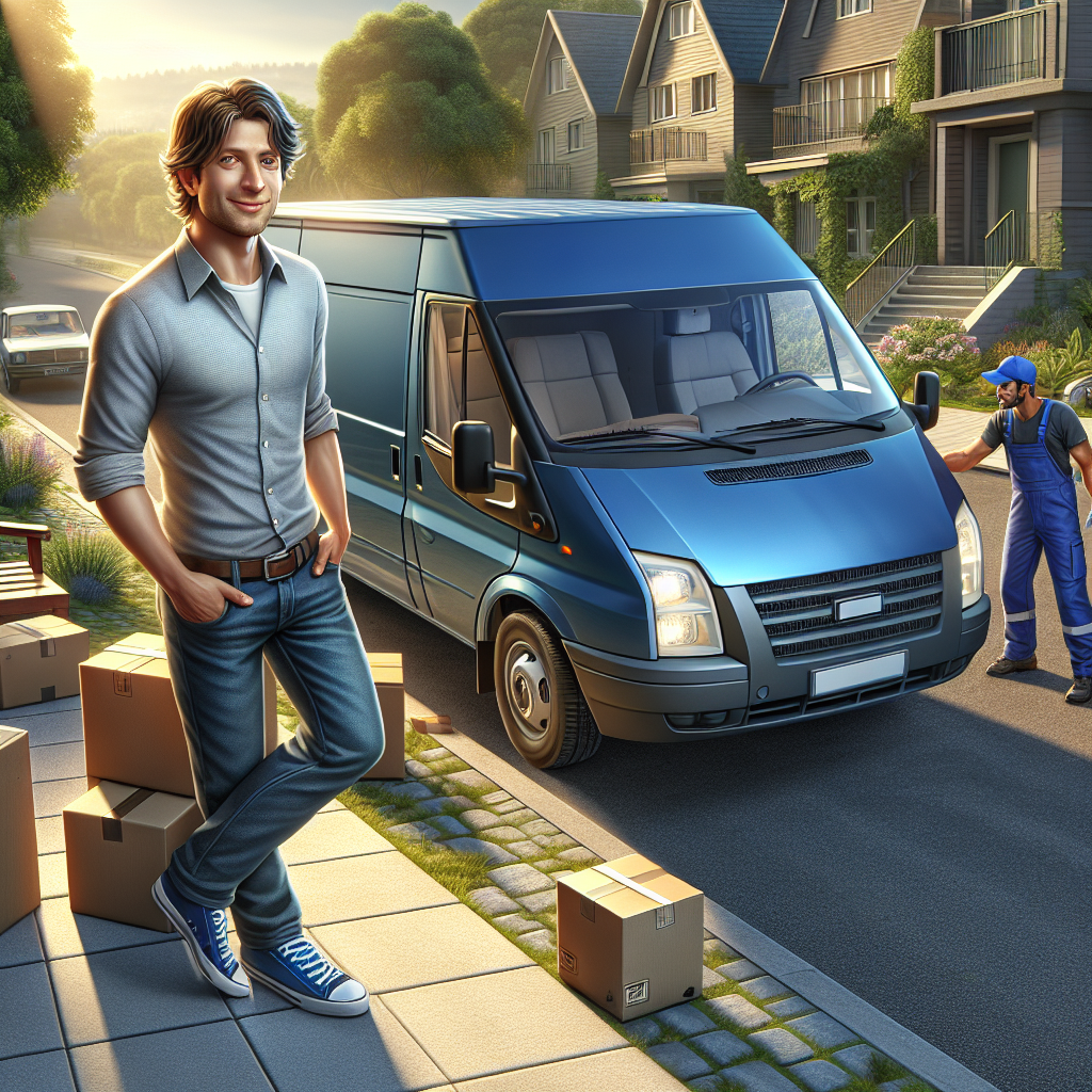 A man with a blue van loading boxes in an urban neighborhood.