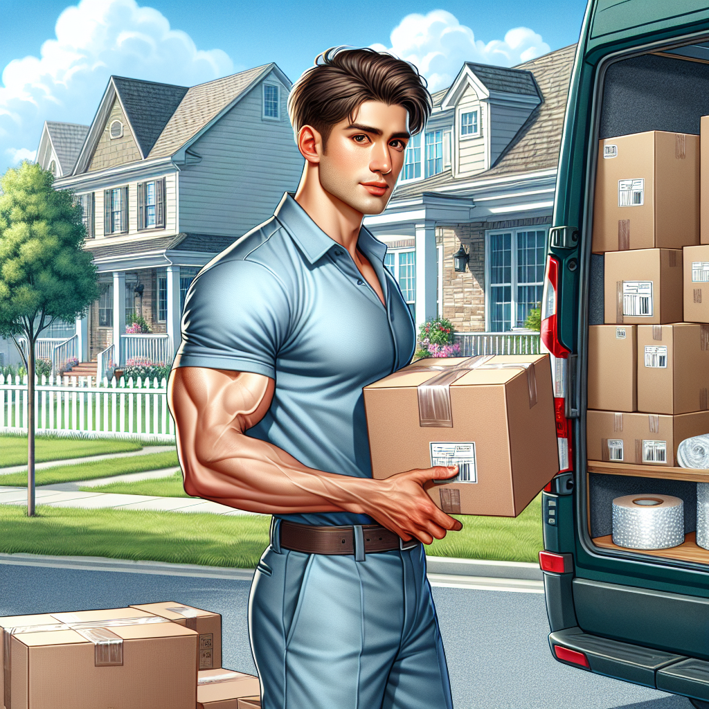 A man in a blue uniform loading boxes into a green van on a suburban street.