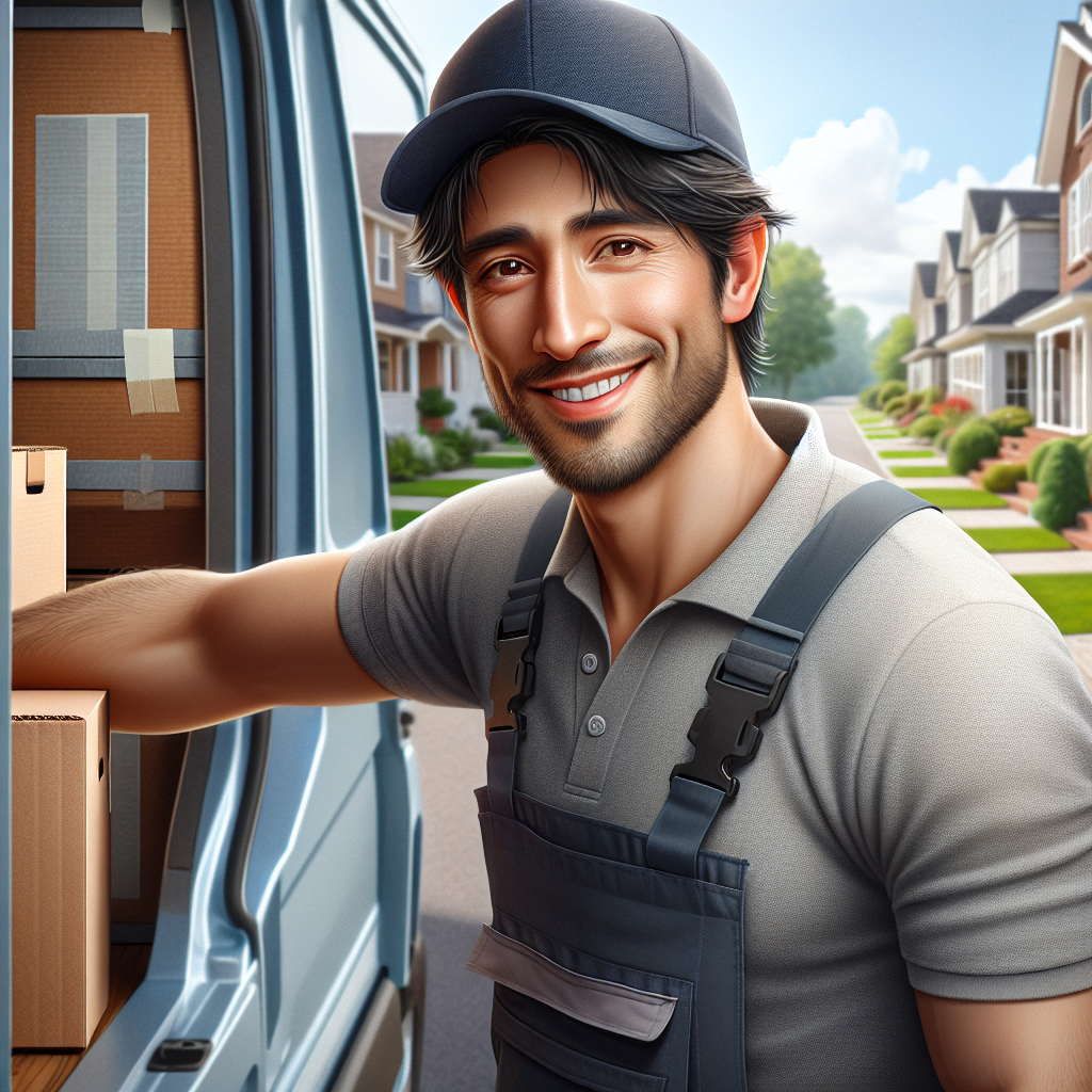 A man loading boxes into a blue van in a suburban neighborhood.