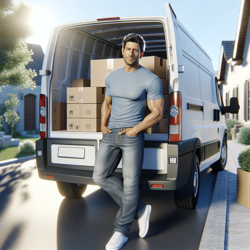 A man with a van parked on a suburban street, preparing for a move.