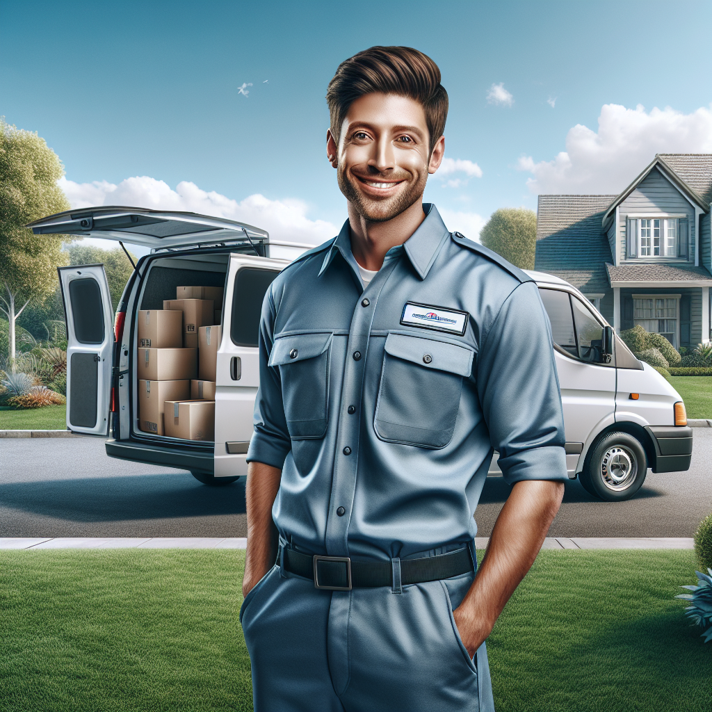 A man standing next to a white van with boxes inside, in a suburban setting.