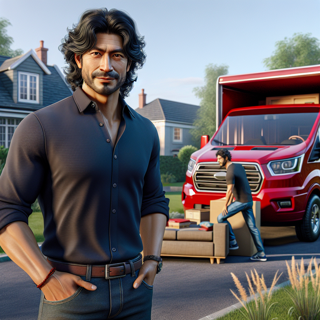 A man loading furniture into a bright red van outside a house.