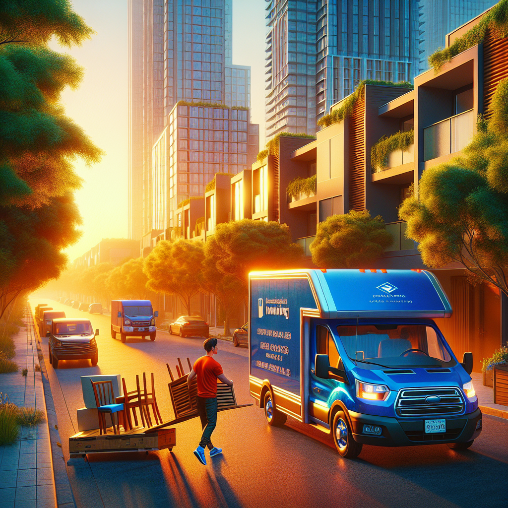 A busy street with a moving van and a person unloading furniture.