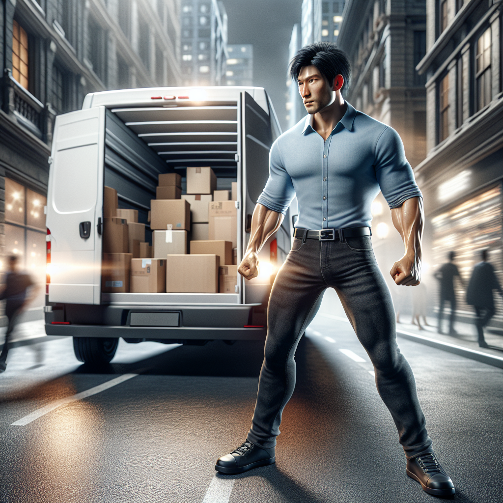 A man with short black hair standing next to a delivery van filled with boxes, on a busy city street.