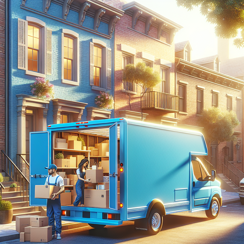 A small moving van in an urban neighborhood with movers handling boxes.