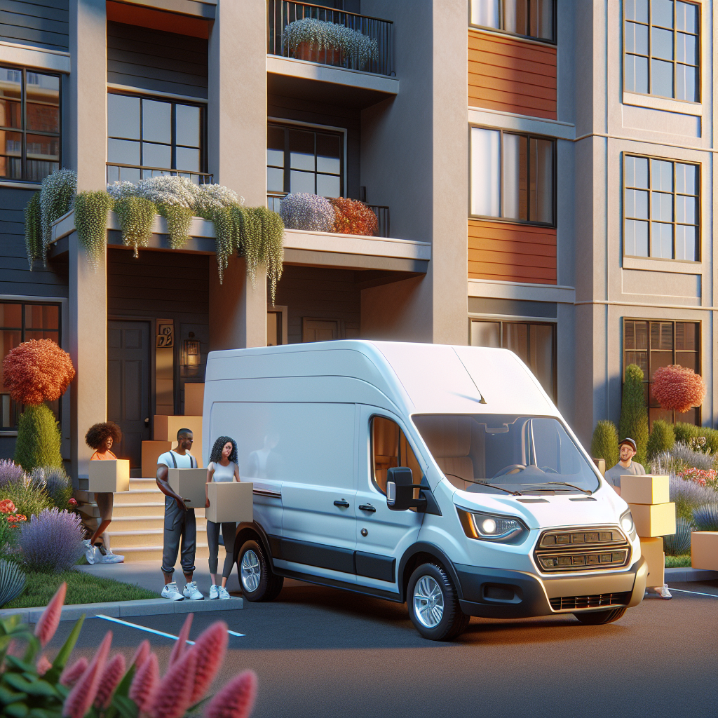 A small move van parked outside an apartment with movers loading boxes.