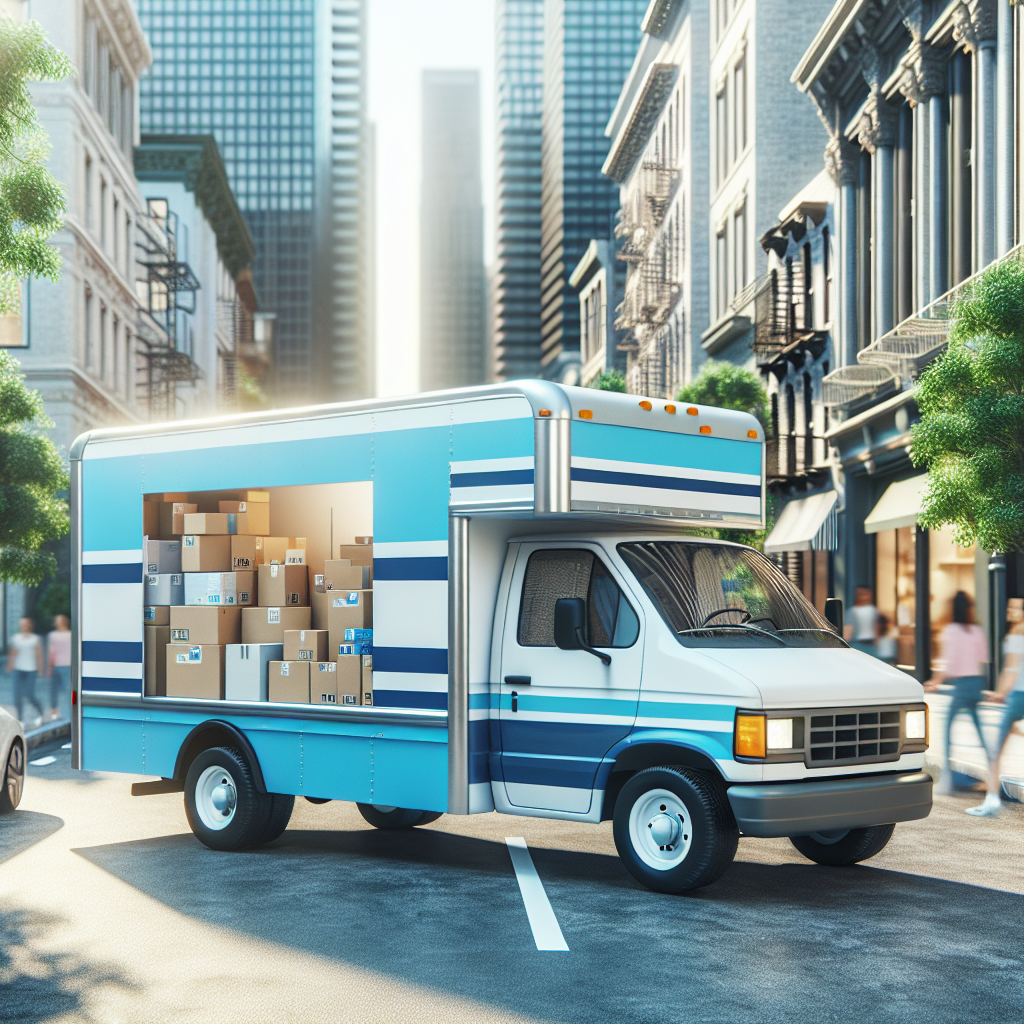 A small moving van parked in a bustling urban street with boxes inside.