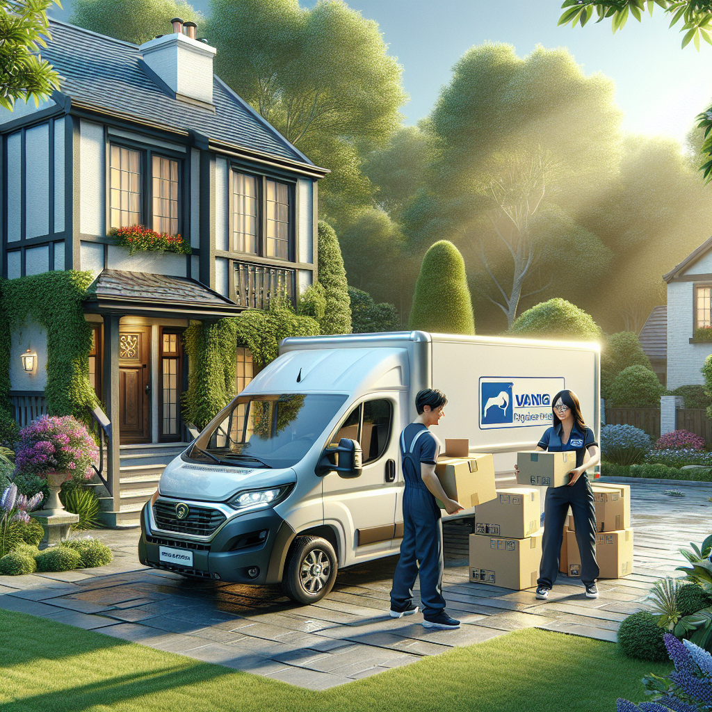 A small move van parked outside a cozy home with a friendly moving team loading boxes.