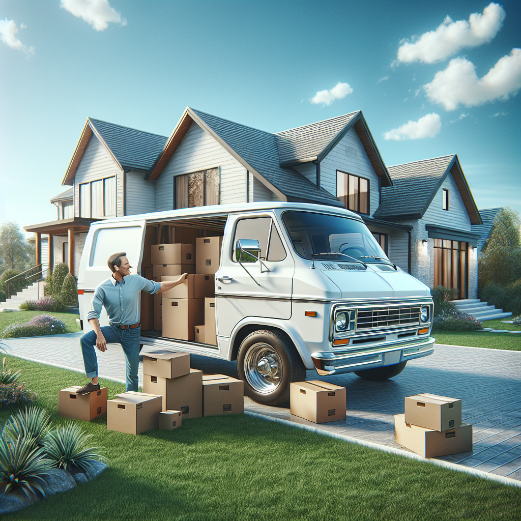 A man organizing moving boxes in front of a white van and a suburban home.